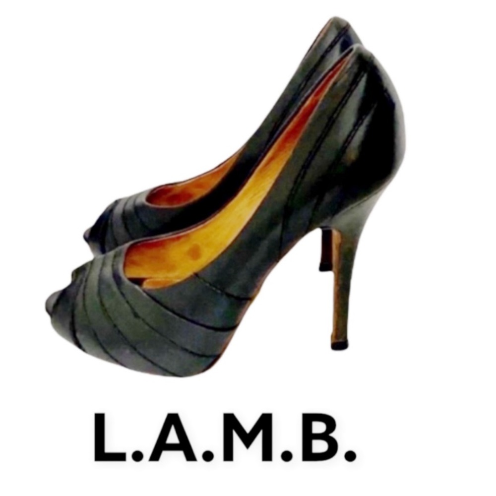 Authentic L.A.M.B. Black leather open toe heels Sz 6.5